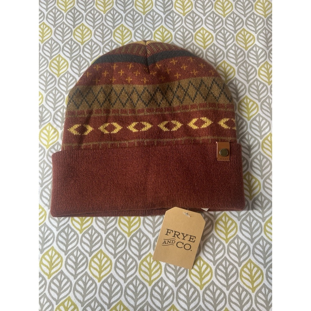 Frye and Co. Women's Geometric Knit Beanie Rust‎ Brown Yellow Olive Hat